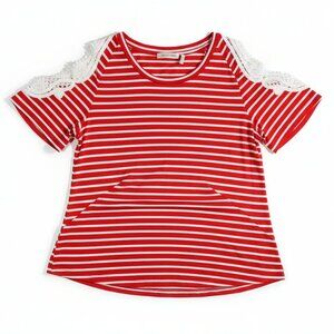 oft Surroundings Cold Shoulder Blouse Red Stripe Lace Trim Petite M New